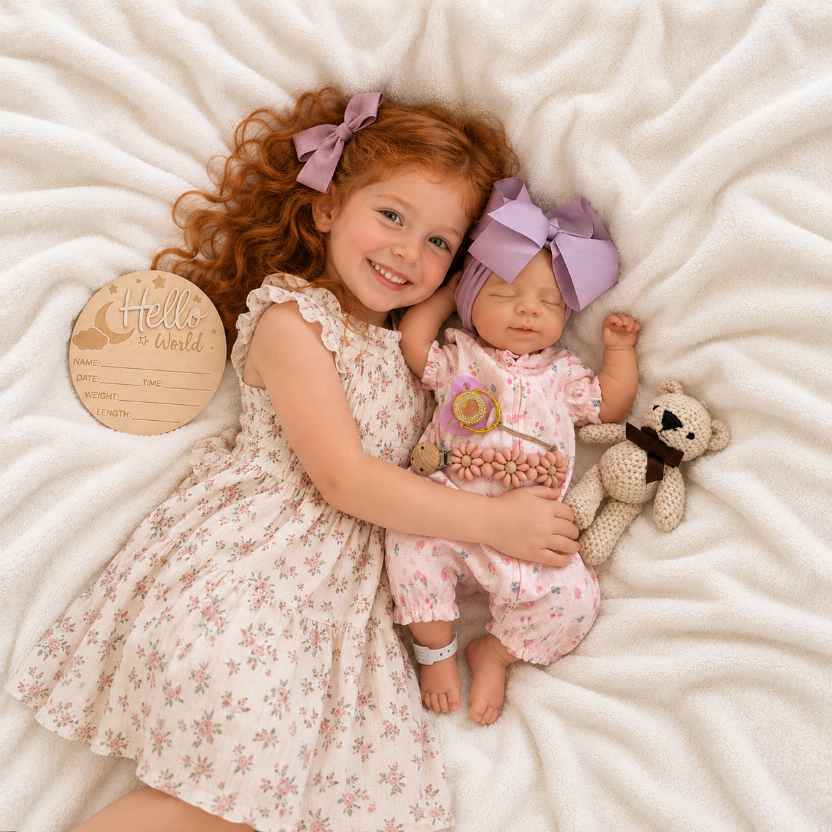 A baby and toddler girl lying on a white blanket, both wearing matching pink and lavender floral outfits with large bows. The toddler holds a small teddy bear, and a round wooden 'Hello World' card is placed beside them.