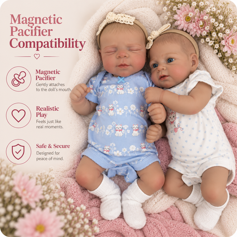 Two realistic baby doll figures posed on a pink knitted blanket with flowers, alongside marketing text reading 'Magnetic Pacifier Compatibility' and feature callouts for magnetic pacifier attachment, realistic play, and safety.