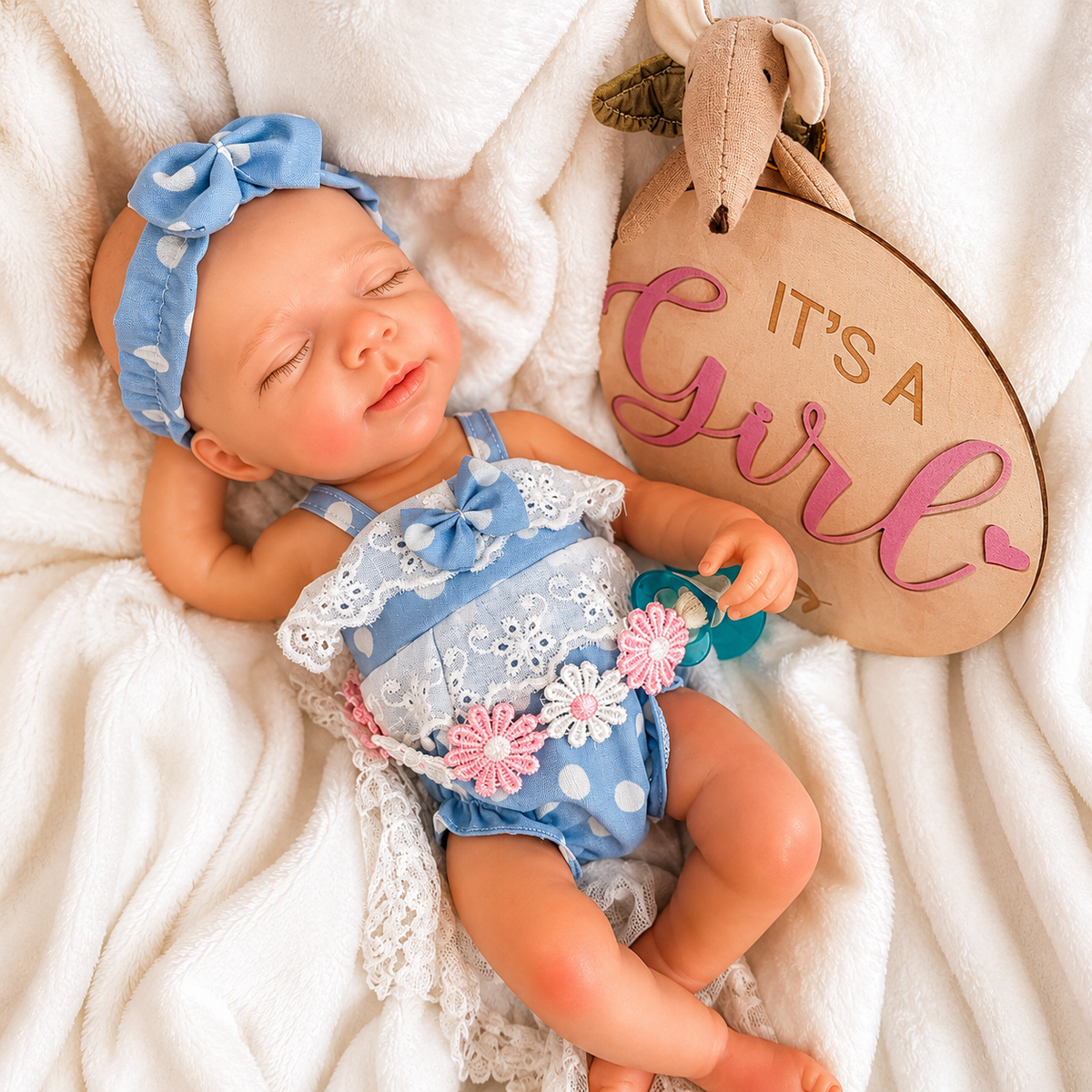 A sleeping baby doll or realistic newborn baby posed on a white plush blanket with a blue bow headband and a blue floral romper. A wooden sign reads “IT’S A Girl.